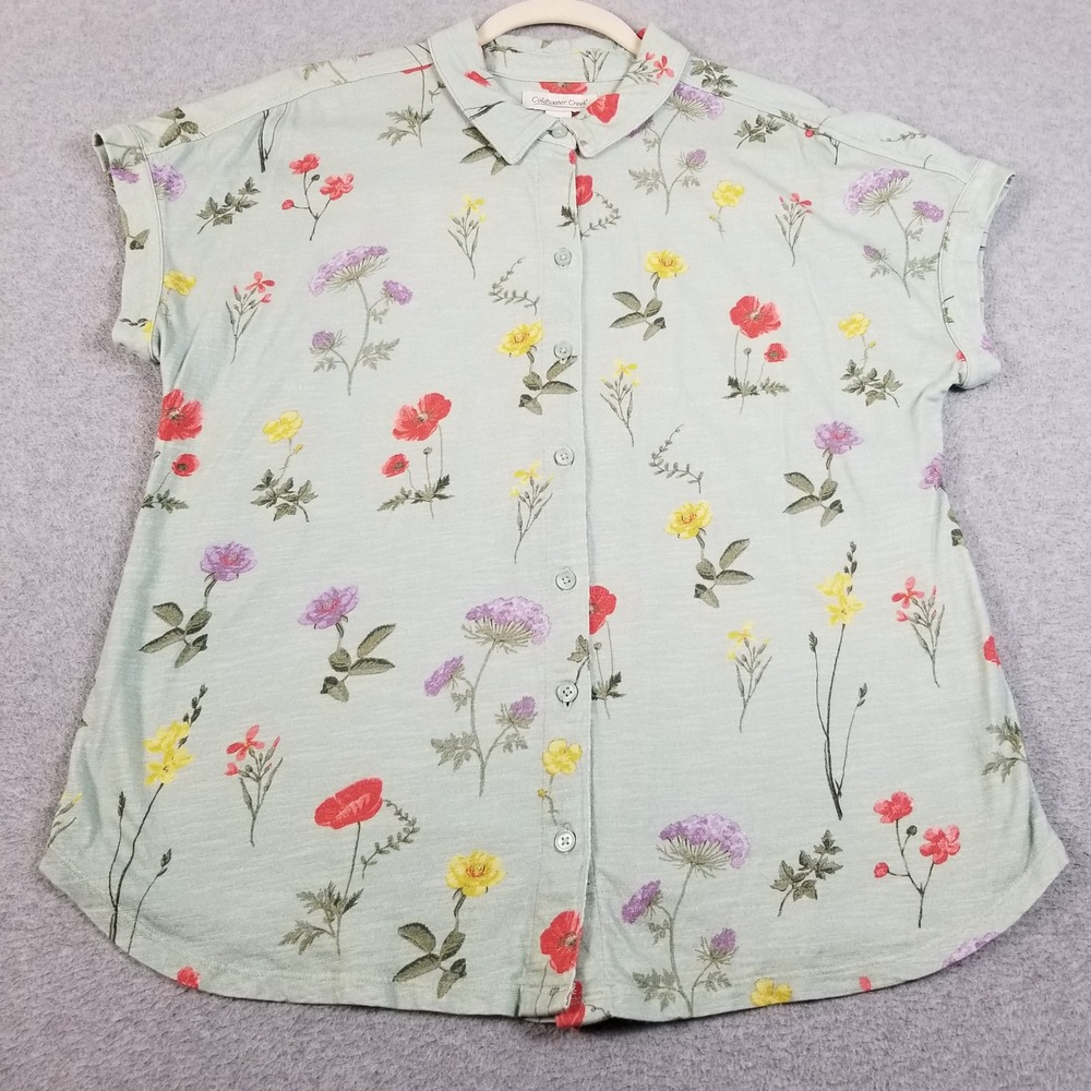 Coldwater Creek Button Up Shirt Women M Medium Green Floral Short Sleeve Stretch